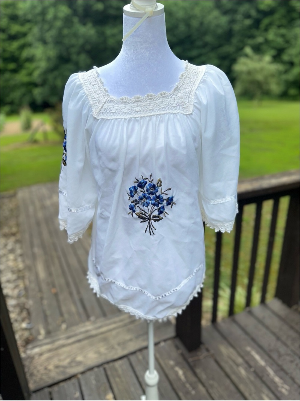 White Vintage Inspired Square-Neck Peasant Blouse with Embroidery Accents
